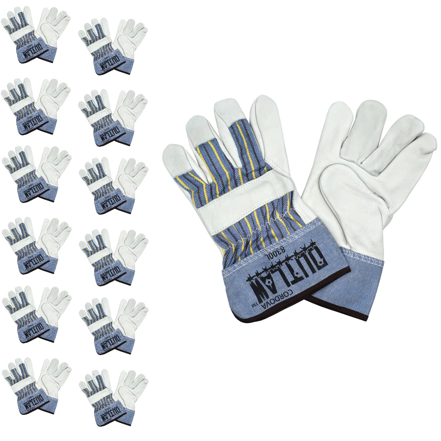 Cordova 8300S Outlawpremium Grain Leather Palm Gloves, Striped Canvas Back, Rubberized Safety Cuff, Small, 12-Pack