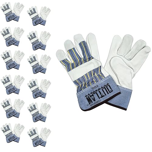Cordova 8300XL Outlaw- Guantes de palma de cuero de grano premium, parte trasera de lona a rayas, puño de seguridad de goma, XL, paquete de 12