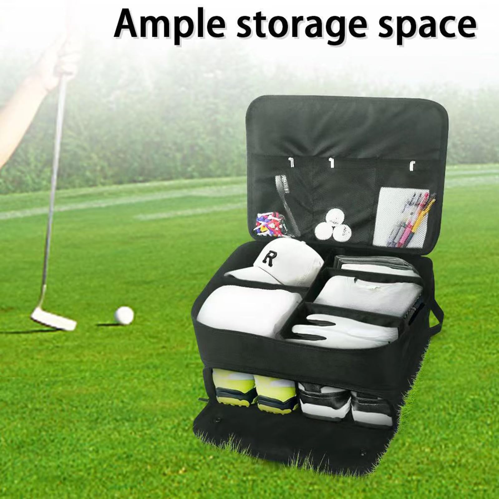 Solución de almacenamiento para golfistas con compartimento expandible que mantiene los equipos deportivos ordenados, gran capacidad para todos los accesorios esenciales de golf y organizadores