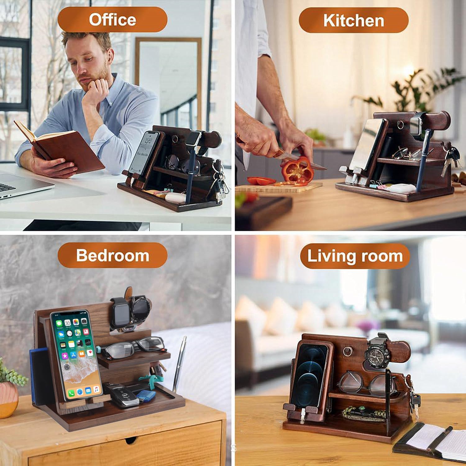 Wood Phone Docking Station, 5-in-1 Desktop Organizer for Phone, Watch, Keys, Glasses & Office Supplies, Birthday Gifts for Men, Dad Bedside Nightstand Organizer for Home/Office/Bedroom.(Brown)