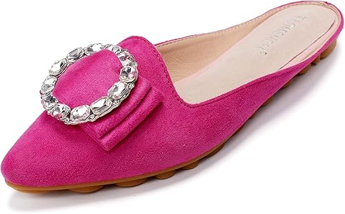 VYKF Women's Pointed Toe Rhinestone Mules Shoes Slip on Comfortable Suede Backle