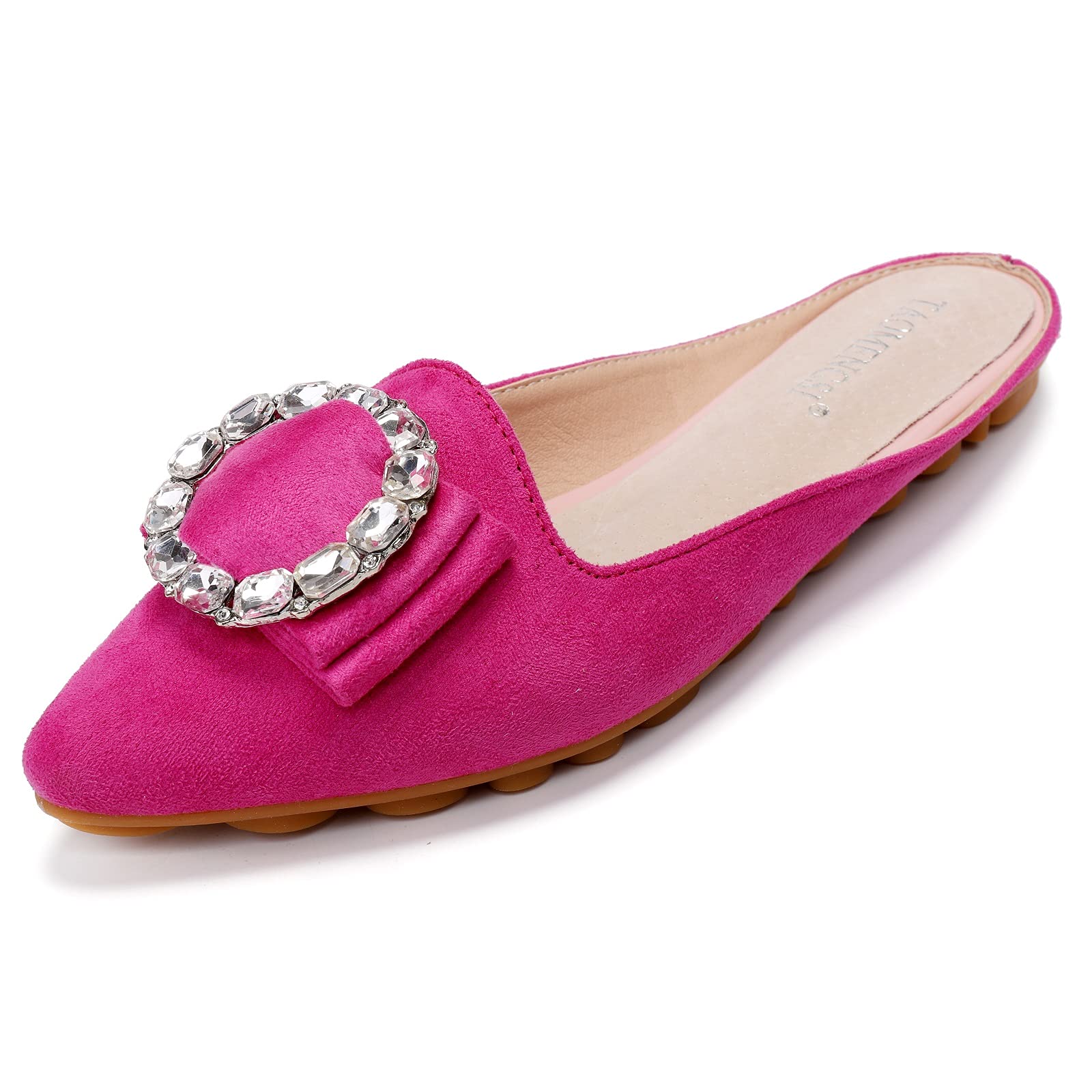 VYKFWomen's Suede Leather Mules Mules for Woman Rhinestone Flats Comfortable Slip on Women Mule Shoe