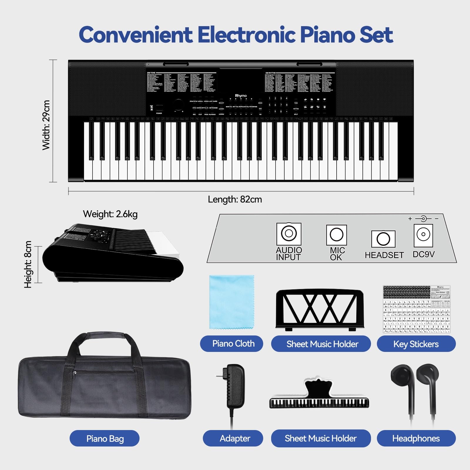 Tastiera pianoforte 61 tasti, kit tastiera per pianoforte elettrico con 255 voci, 255 ritmi, alimentato da alimentatore o batteria con display LCD, include spartiti, adesivi per note di pianoforte