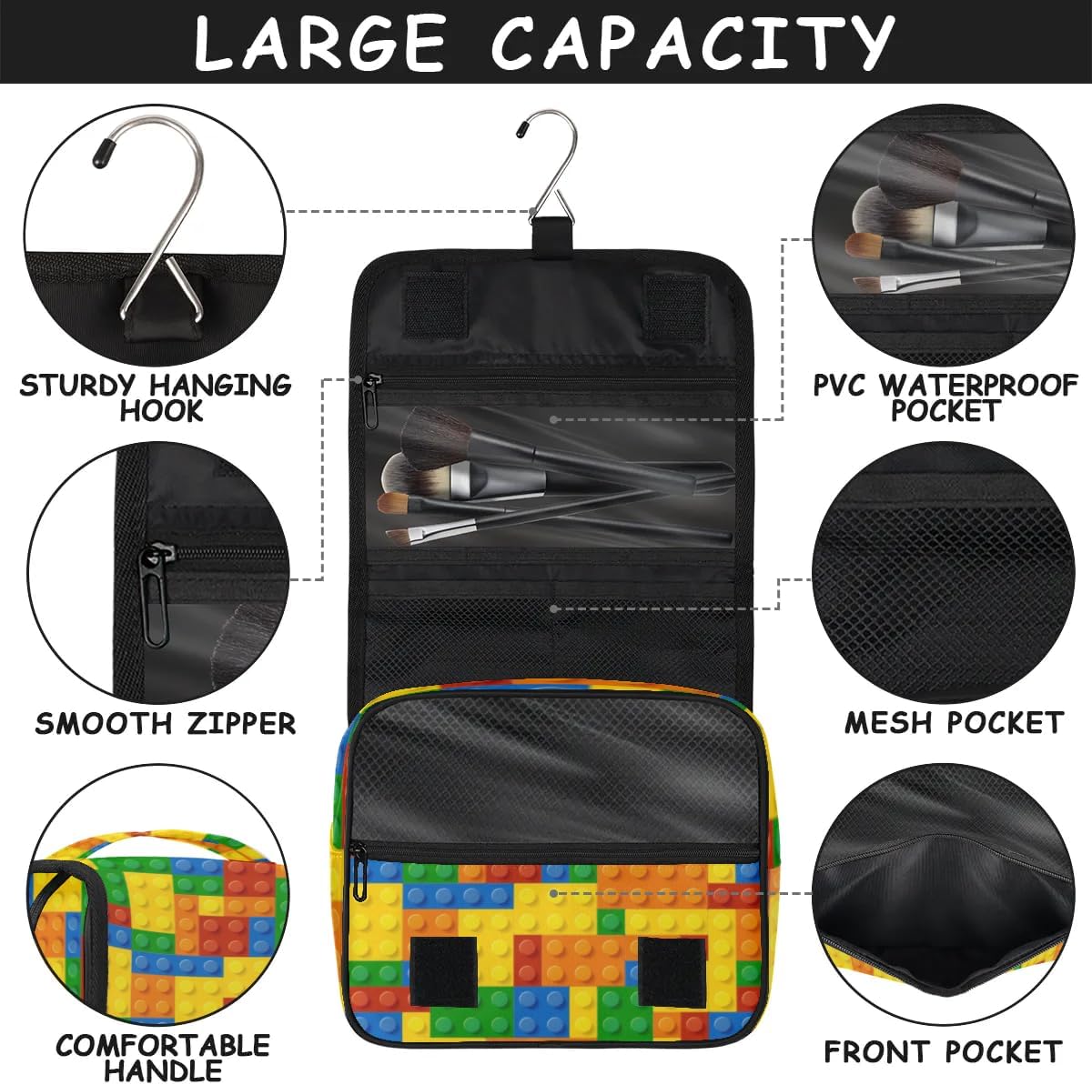 Colorful Building Bolcking Hanging Travel Toiletry Bag for Kids, Women Cosmetic Organizer Makeup Bag Pouch Men Shaving Dopp Kit Shower Bag With Sturdy Hook