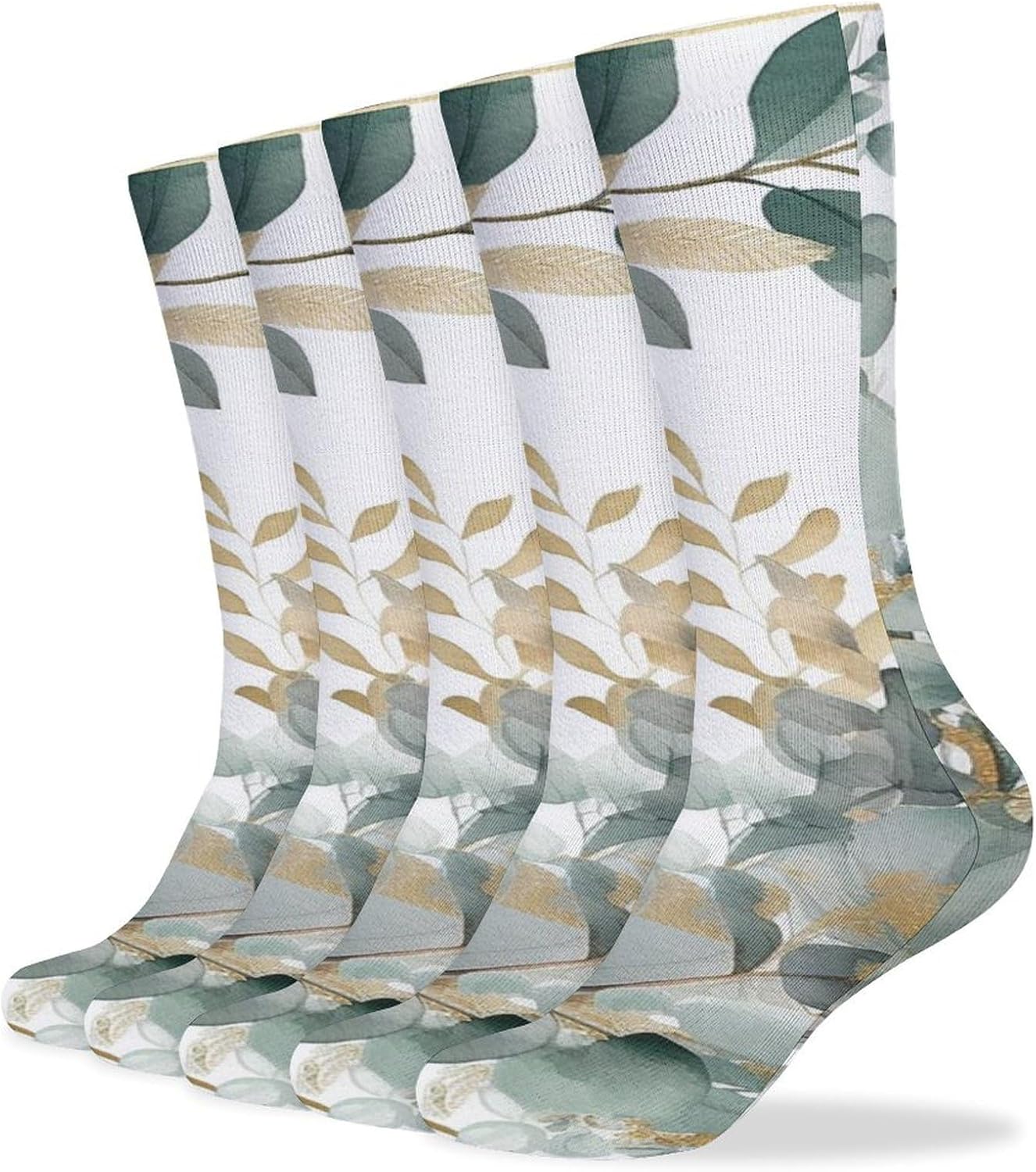 5 Pairs Knee High Socks Green Leaves Long Tube Boot Seamless Toe