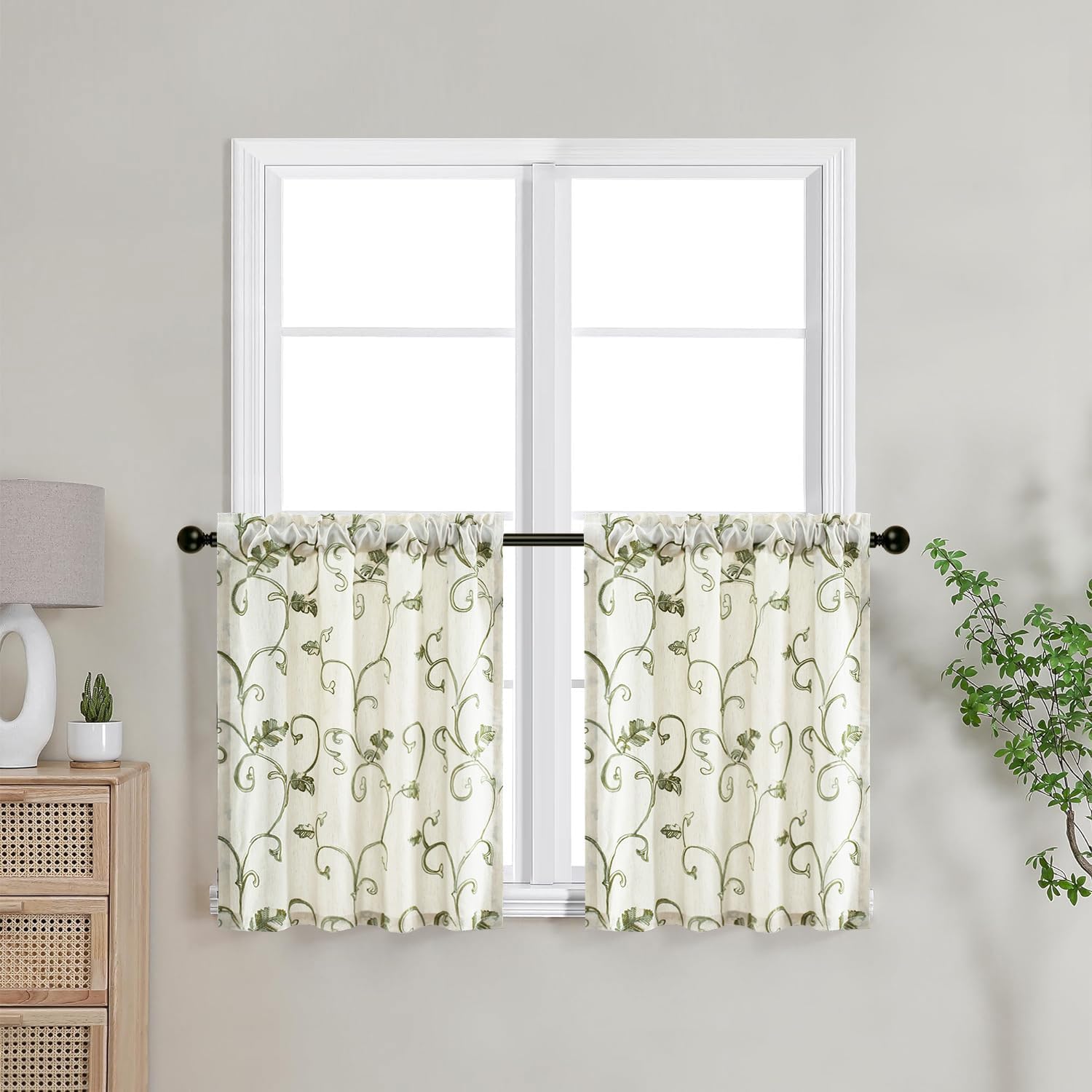 VOGOL 30 Inch Length Linen Kitchen Curtains, Green Vines Embroidered Botanical Tier Curtain Set, Light Filtering Tier Curtains for Bathroom Basement Cafe, Rod Pocket, 2 Panels