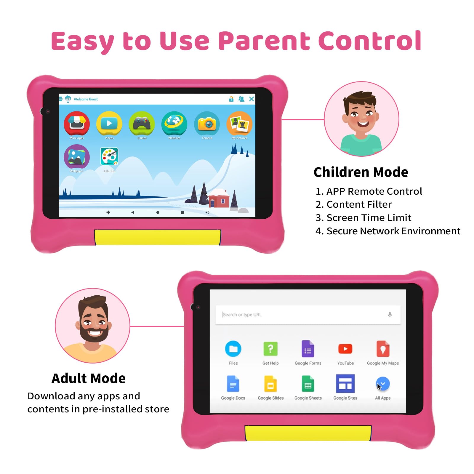 Yicty Tablet dla dzieci 7 cali, system Android z kontrolą rodzicielską i edukacją dzieci, Bluetooth, WiFi, podwójny aparat, GMS, pokrowiec odporny na wstrząsy (różowy)