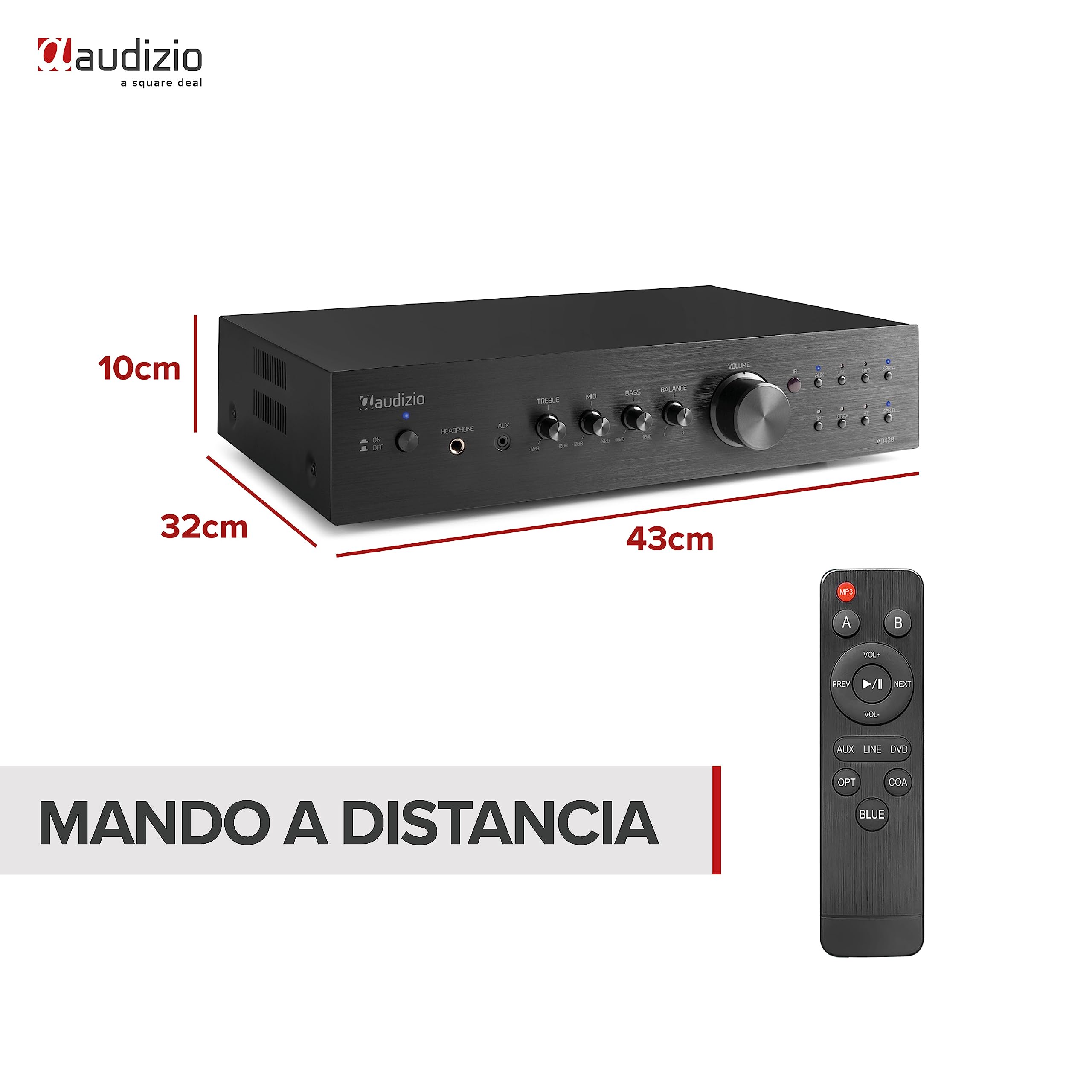 Audizio AD420B Amplificador Hi-FI de 400w (4 Canales x 100w) y Bluetooth, 1 Salida subwoofer, Salida óptica y coaxial, 2 Salidas de Altavoz, MP3, EQ, Ideal para Escuchar tu música, Color Negro