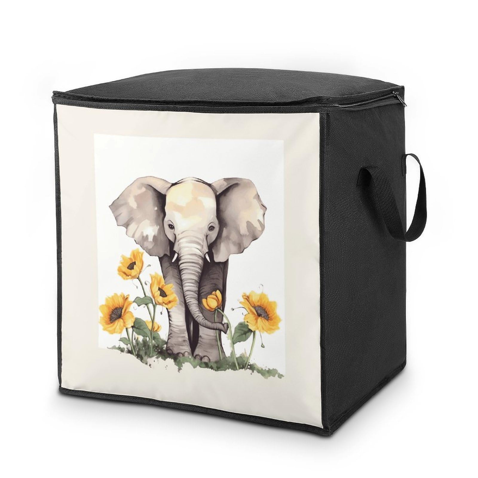 Elephant And Sunflower Storage Bag with Zippers And Handle Extra Large Bedding Comforter Storage Bag Foldable Blanket Storage Bags Fabric Moving Bags for Closet Organizer (70L)