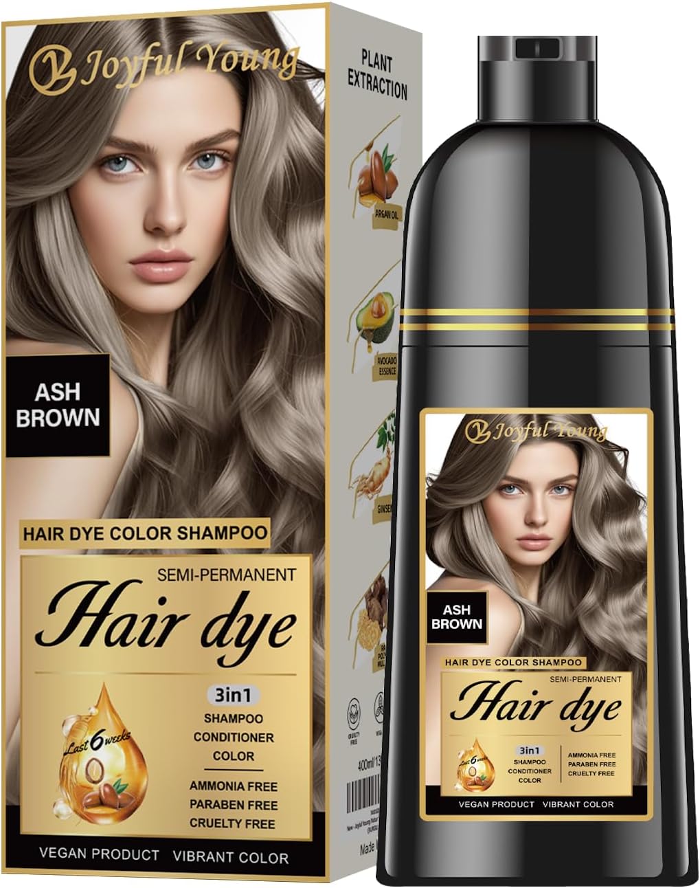 - Hair Dye Shampoo 3-in-1, Ash Brown Semi-Permanent Gray Hair Coverage, Color Depositing Shampoo for Women & Men, Vegan, Ammonia-Free