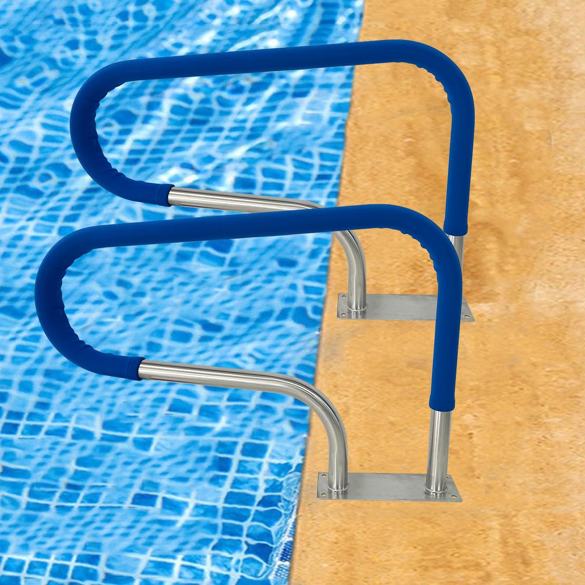Pool Haltegriff aus Edelstahl V2A, 90x59cm Pool-Handlauf für Einbaupools, Sicherheitshandläufe für Schwimmbäder, Tragkraft 100kg, Pool-Treppengeländer aus Edelstahl 304 mit Griffabdeckung