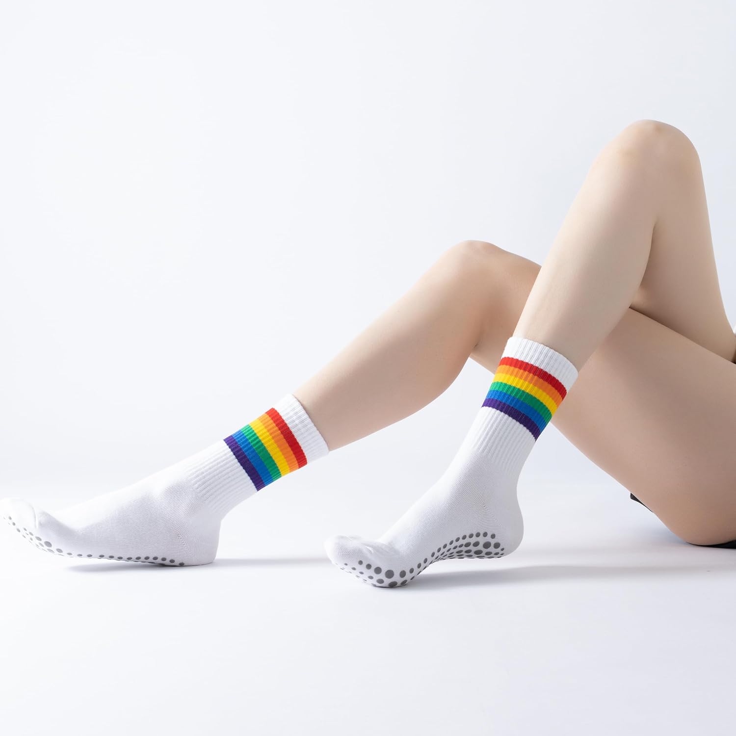 Yoga Pilates Socks with Grips for Women Striped Cushioned Non Slip Crew Socks for Barre Ballet Dance - Image 5