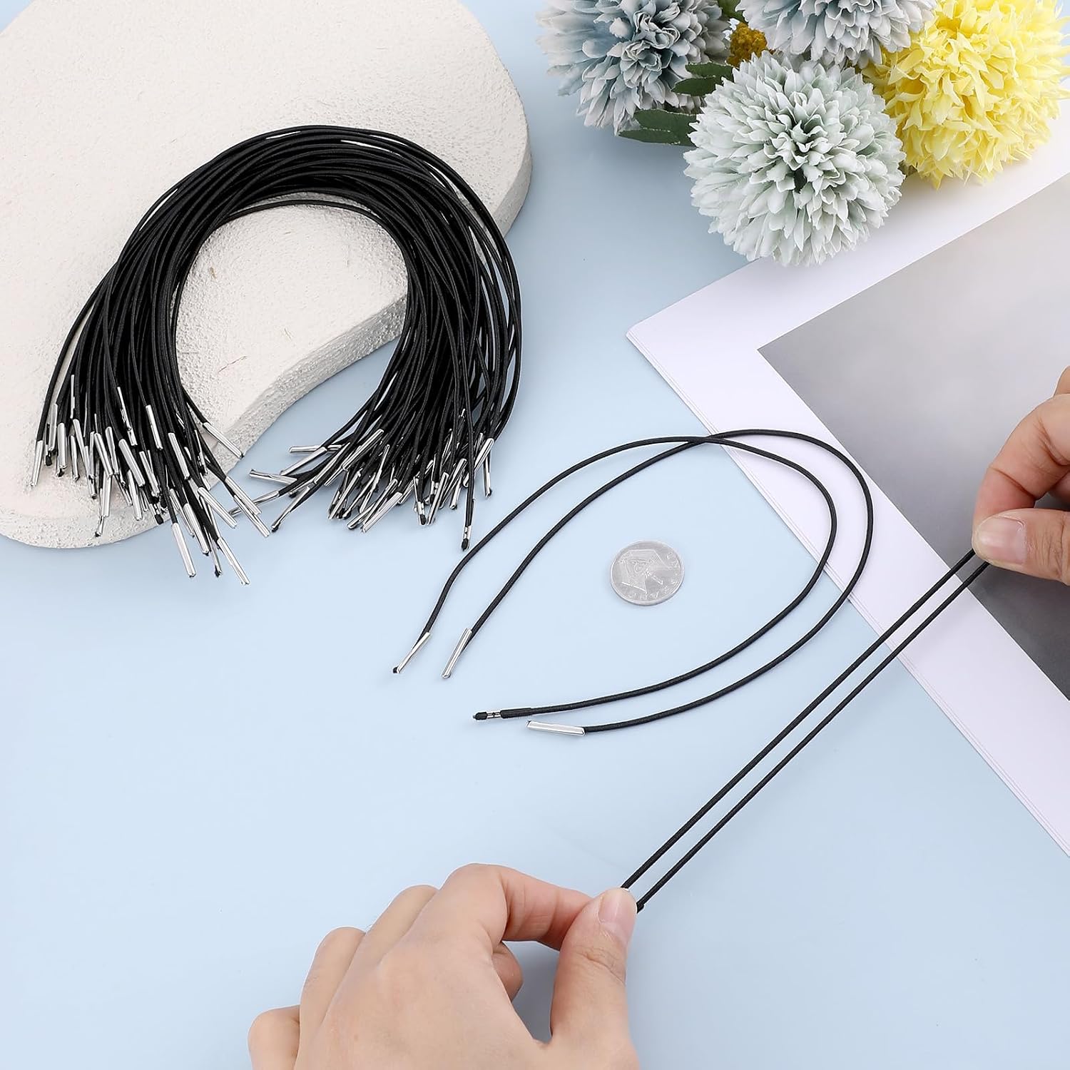50 PCS Elastic Cords with Metal Ends, 30cm/11.8 inch Black Elastic Barbed Cord Soft Stretch Loop Band String Round Rope Thread String for Mask Making DIY Party Hat Menus Book Binding Badges Signs