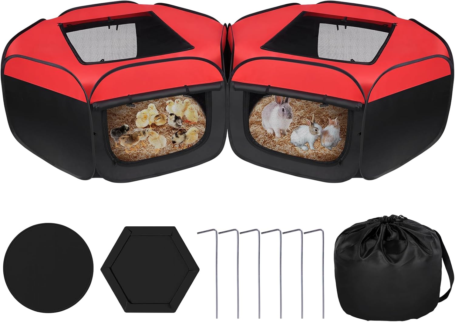 Small Animals Playpen, 2 Pcs Removable Pop-up Chicken Brooder Box with Cover & Zippers, Breathable Foldable Dog Cat Playen Chicken Run Coop Indoor Outdoor for Chick, Rabbits, Kittens, Puppies