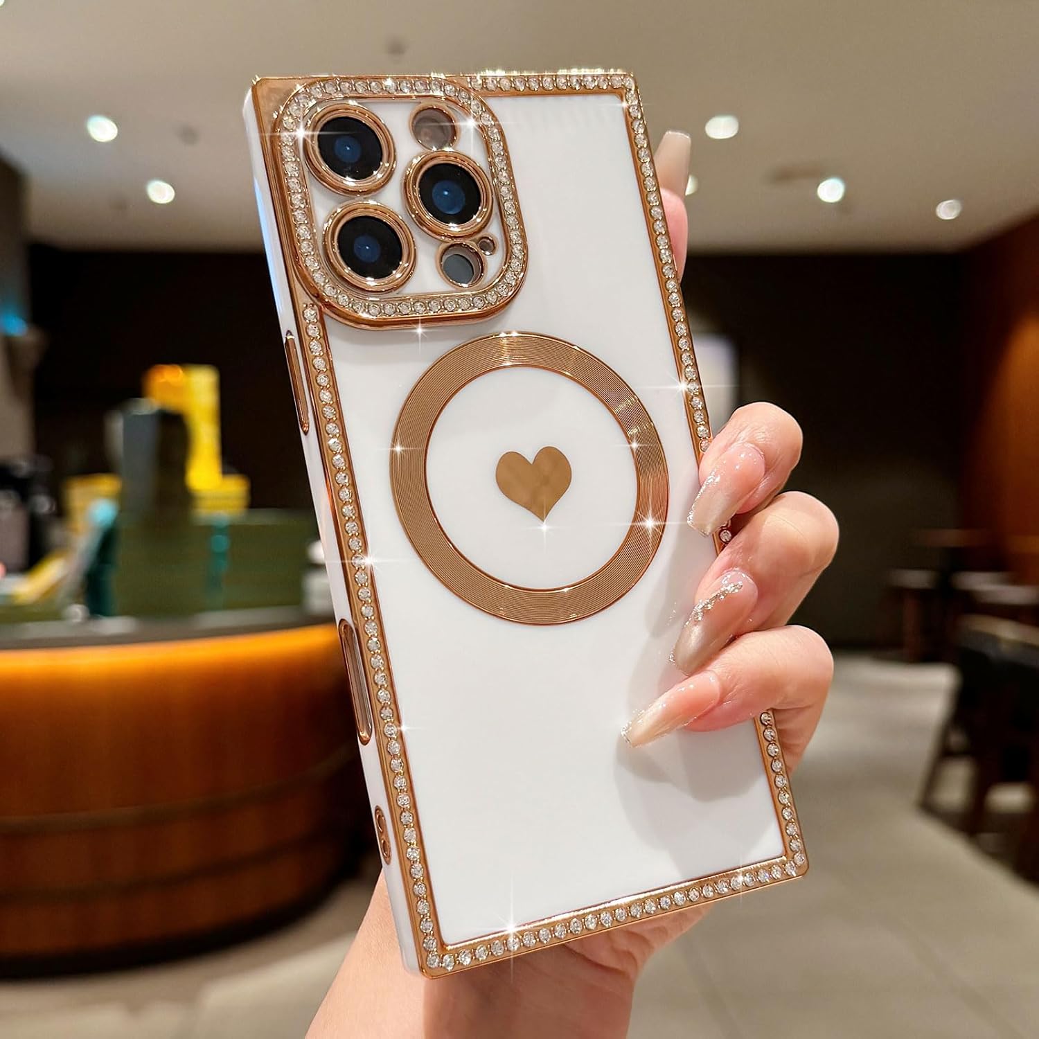 for iPhone 16 Pro Case Glitter for Women Girls Sparkle Diamond Rhinestones Compatible with MagSafe Rectangle Love Heart Gold Plating Full Camera Protection Shockproof Phone Case Cover, White - Image 2