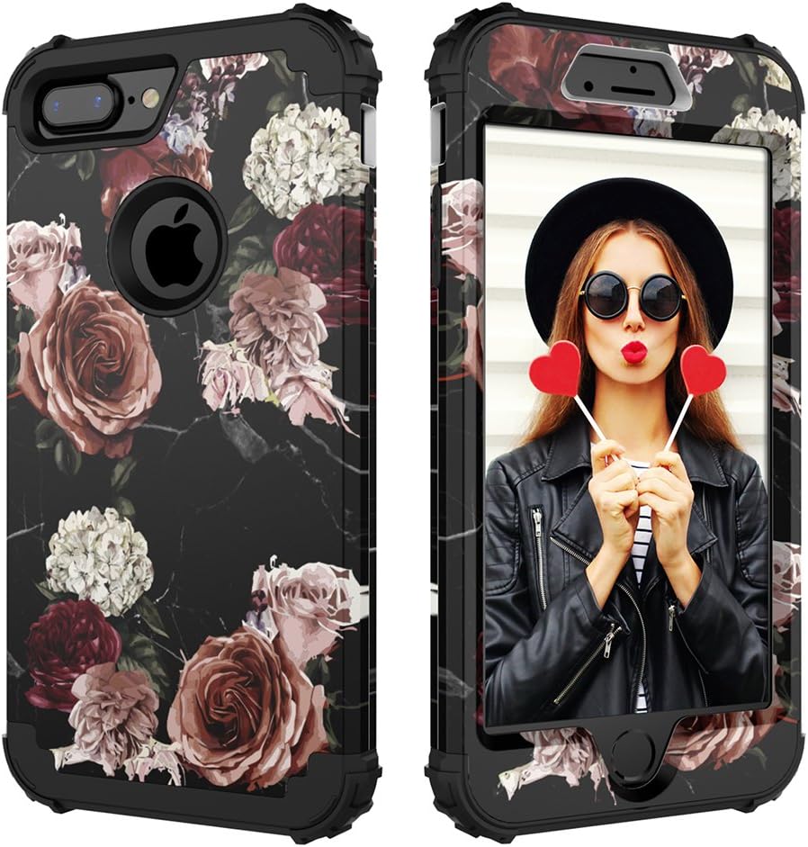 Digital Hutty 3 in 1 Shockproof Heavy Duty Full-Body Protective Cover for Apple iPhone 7 Plus/iPhone 8 Plus, Marble Floweer