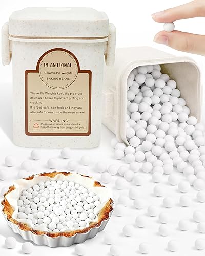 PLANTIONAL Pesos de cerámica para tartas, 1.32 libras, cuentas para hornear reutilizables de 0.394 pulgadas con recipiente de paja de trigo, granos