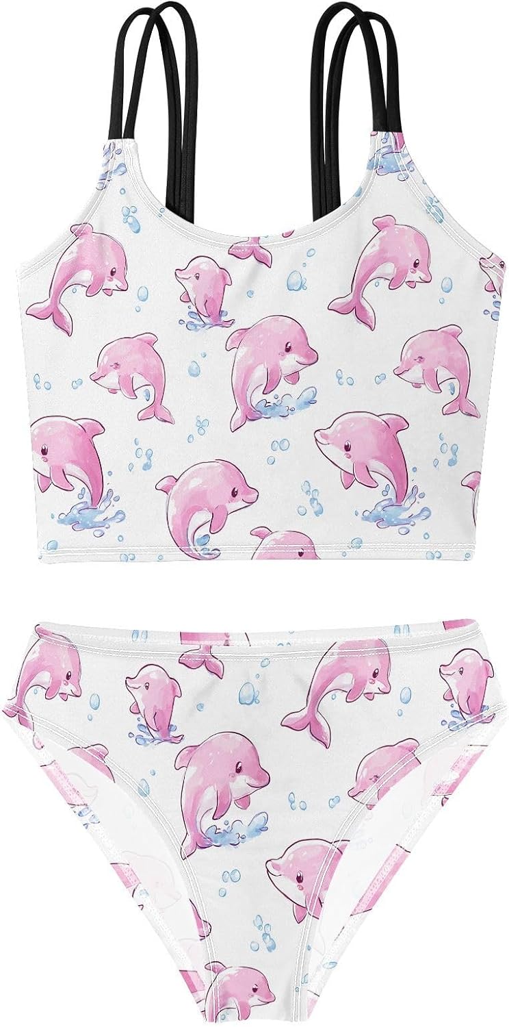 visesunny Girls Two Piece Swimsuits Cute Pink Dolphin Girl's Bikini Sets Bathing Suits for Girls Size 5-12Y