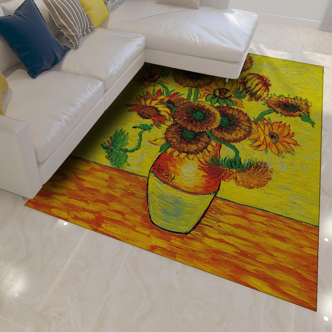 Tapis lavable 80x150 jaune antidérapant et résistant aux taches de salon