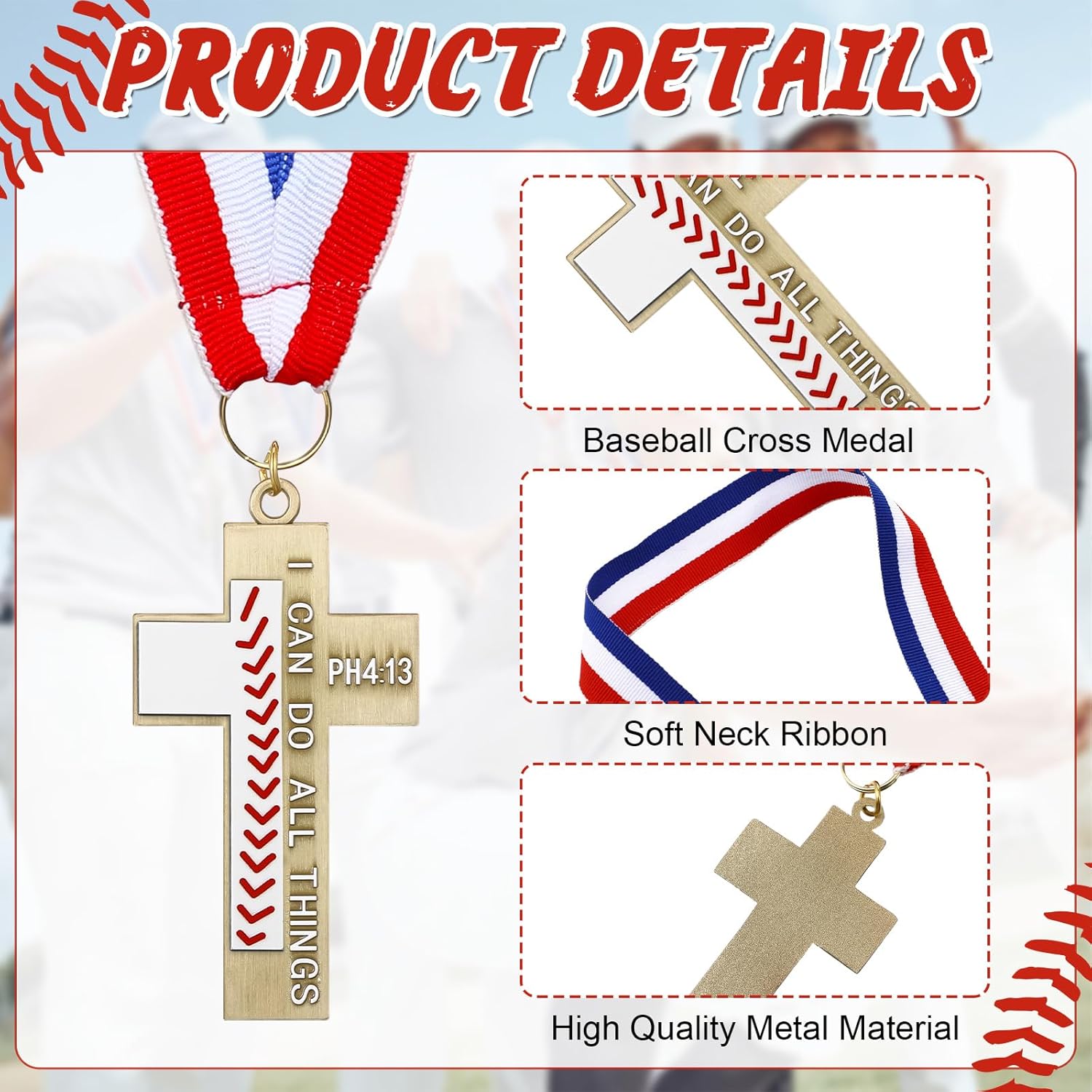 Kigeli 24 Pack Basketball Baseball Softball Soccer Cross Award Medal Team Participation Trophy Prize with Red White Blue Striped Ribbon Religious Christian Gift Easter Basket Stuffer Sport
