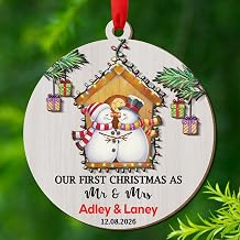 Our First Christmas As Mr & Mrs 3D Wood Ornaments, Personalized 1st Xmas As Mr & Mrs Snowman Ornament Gift for Wedding Anniversary, Customized Names Newlyweds Snowman Christmas Decor Ornament 2026