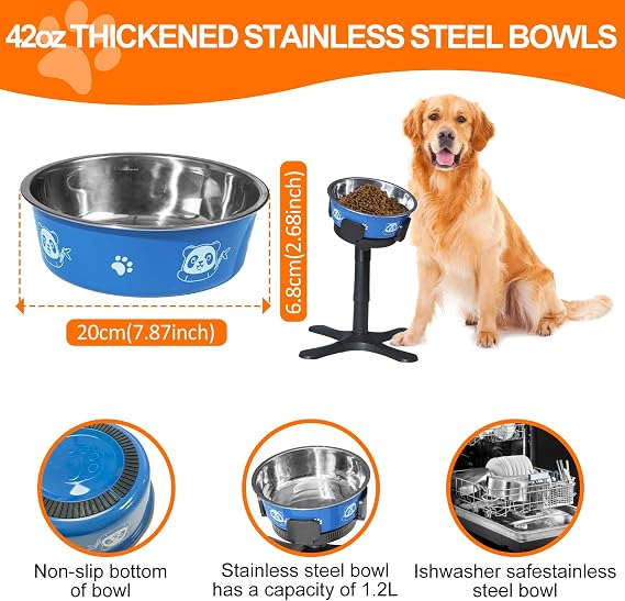 Height-adjustable and tilting dog bowl holder with 1200 ml stainless steel bowl 3 height levels (14/24/34 cm) stable and non-slip for small medium and large dogs