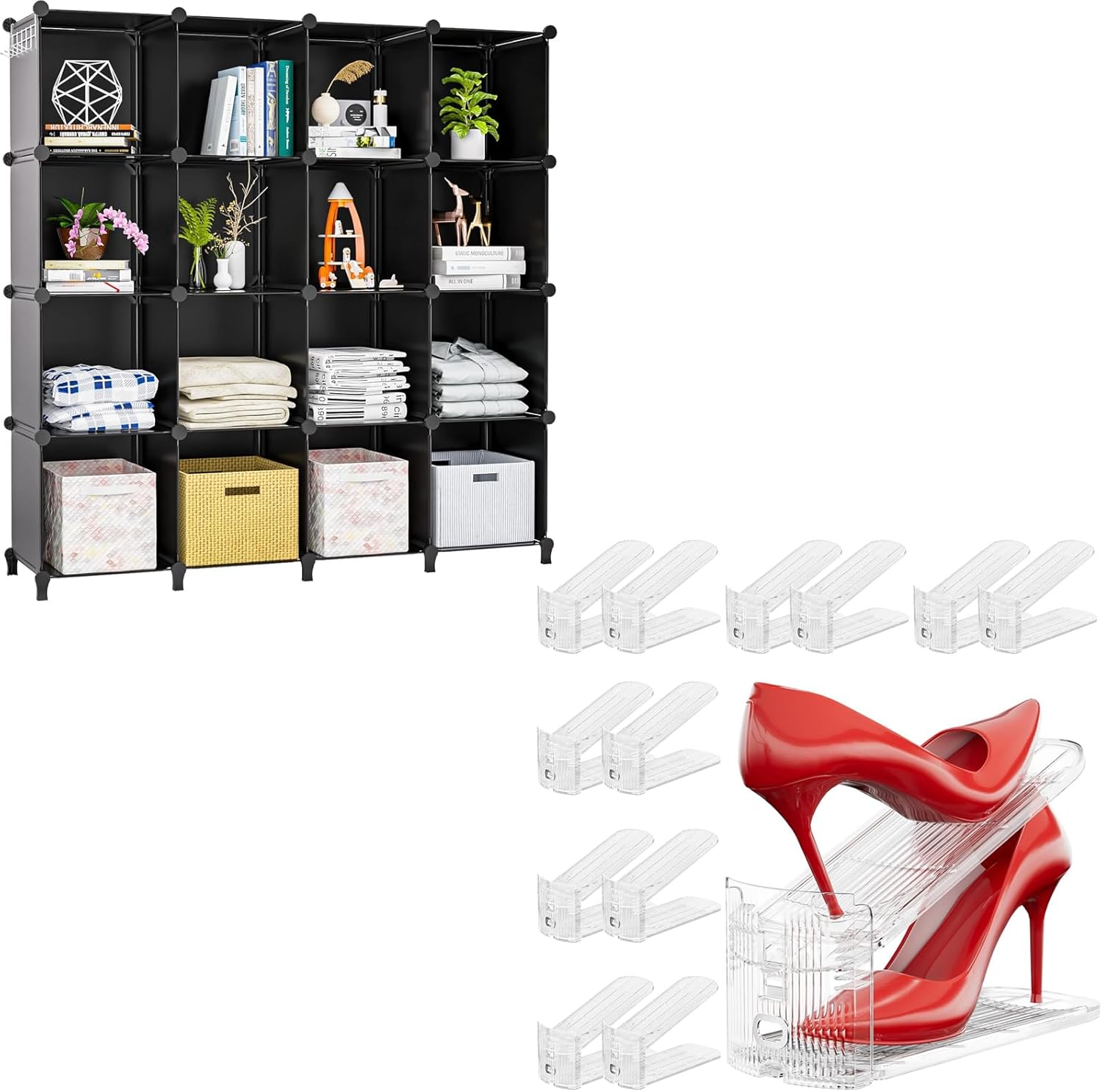 Neprock 12 Pack Acrylic Shoe Organizer Bundle with 16 Cubby Storage Organizer