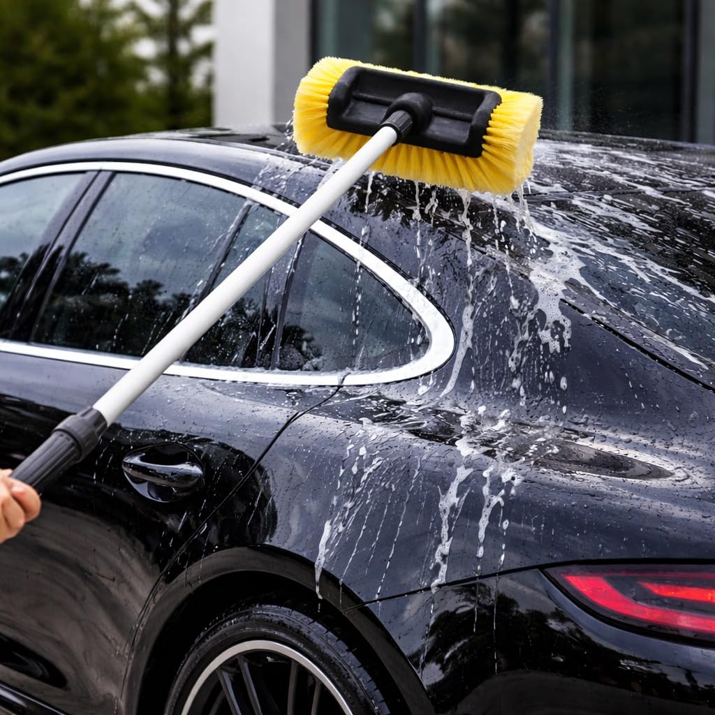 Cepillo de lavado para coche con mango telescópico de aluminio de hasta 250 cm con entrada de agua y interruptor de encendido/apagado flexible para coches, camiones, SUV y cepillos de lavado
