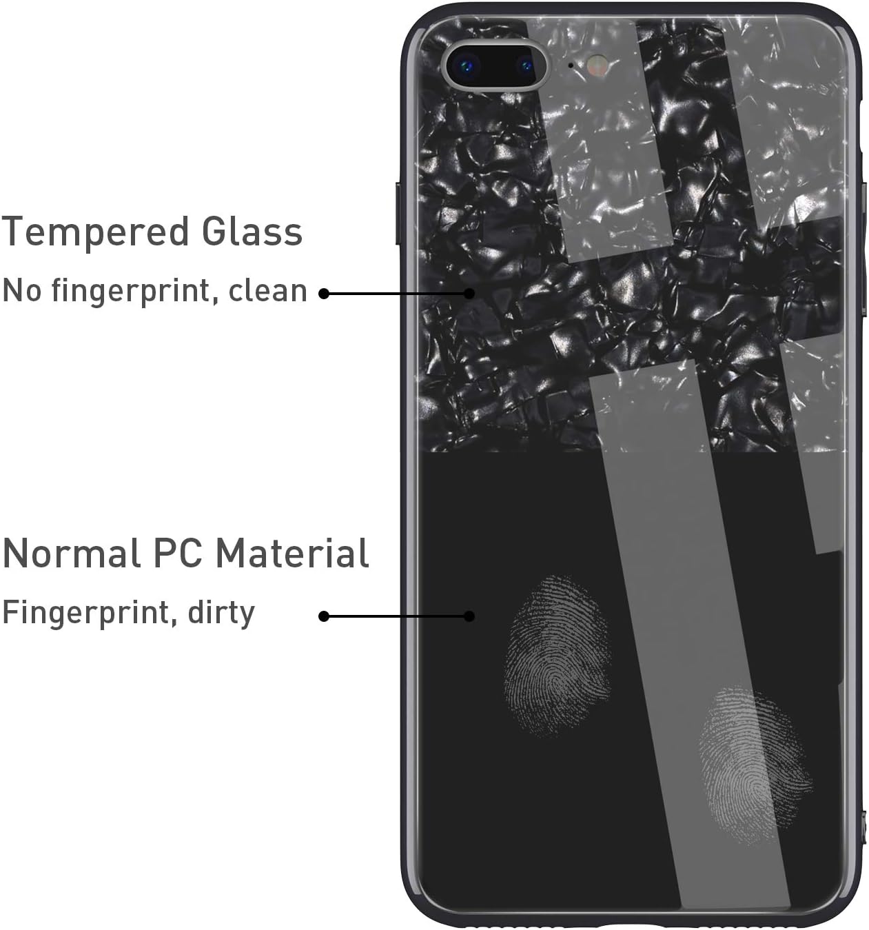 EYZUTAK Shell Design Case for iPhone 7 Plus 8 Plus,Ultra Thin Tempered Glass Back Mimics Hard Cover Anti-Scratch Soft TPU Silicone Bumper Shockproof Case for iPhone 7 Plus/8 Plus - Black
