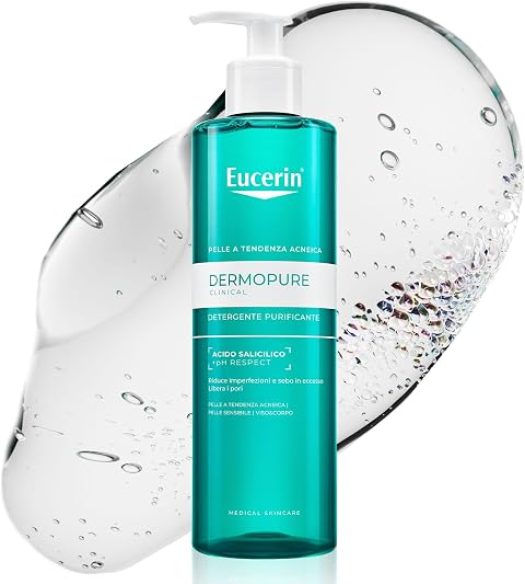 Eucerin DermoPure Clinical Gel Detergente Viso Purificante 400 ml, Detergente schiumogeno viso e corpo senza sapone efficace come struccante, Formula con Acido Salicilico per pelle grassa e acneica