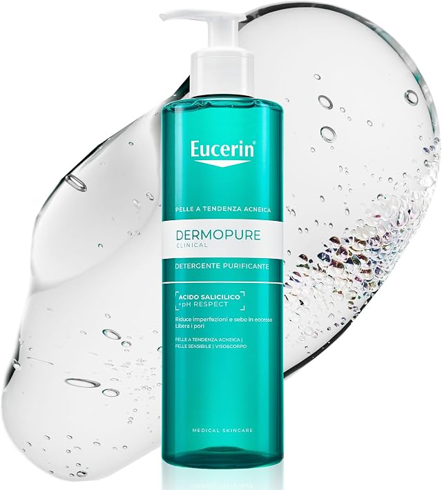 Eucerin DermoPure Clinical Gel Detergente Viso Purificante 400 ml, Detergente schiumogeno viso e corpo senza sapone efficace come struccante, Formula con Acido Salicilico per pelle grassa e acneica