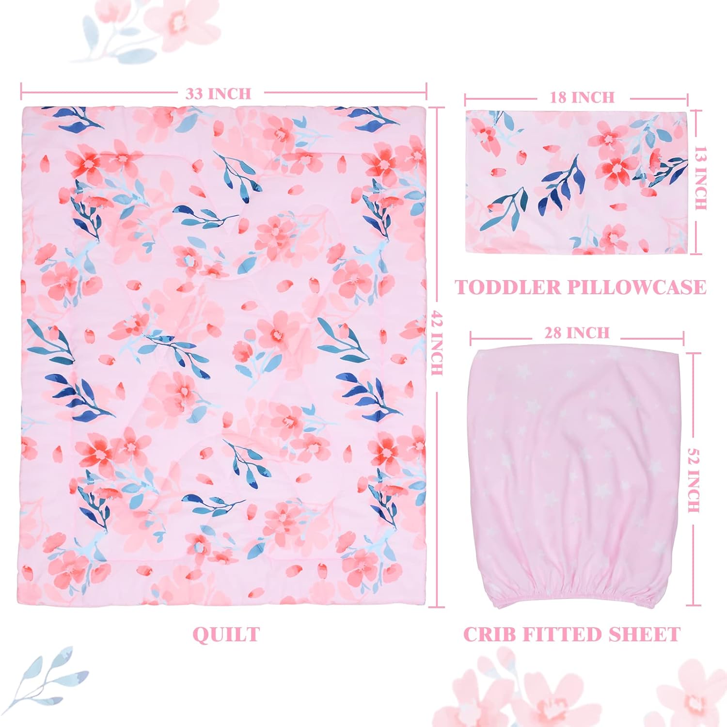 JISEN 3 Piece Crib Bedding Set Crib Quilt Crib Sheet Pillowcase - Soft Microfiber Printed Nursery Set for Baby Boys or Girls Pink Flowers