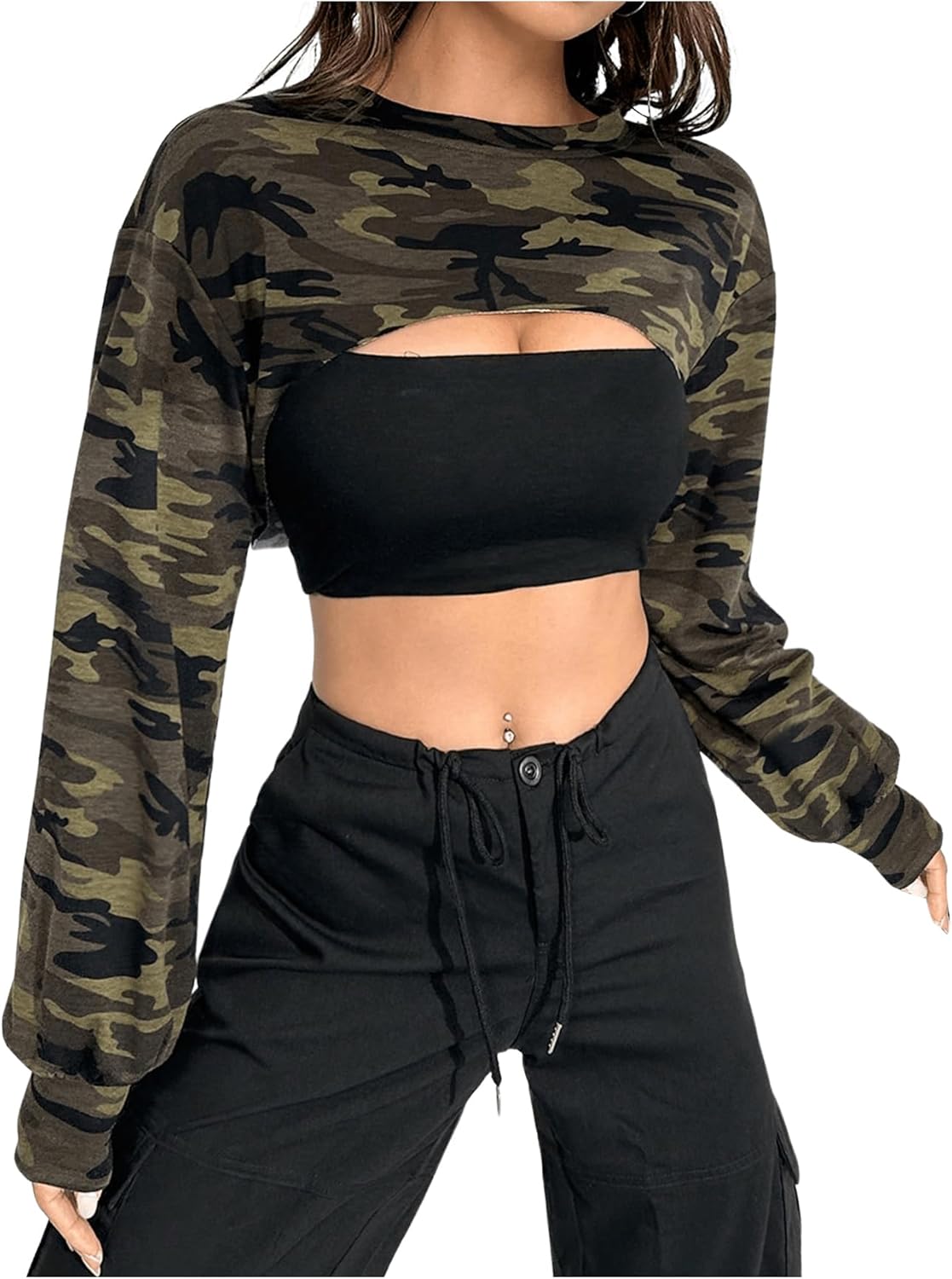 MakeMeChic Women's Camo Sweatshirts Fall Long Sleeve Crew Neck Super Crop Tops