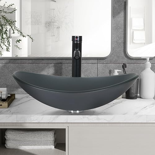 Miniatura 7 de Puluomis Lavabo de vidrio con forma de barco para baño con grifo y drenaje emergente, color gris esmerilado
