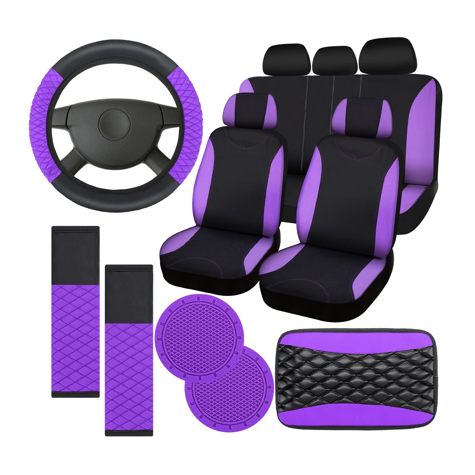 17 Pcs Bling Car Accessories Set for Women, Seat Covers Leather Steering Wheel Cover, Seat Belt Shoulder Pad Armrest Cup Holders Covers, Full Crystal Decor Automotive Interior (Purple and Black)