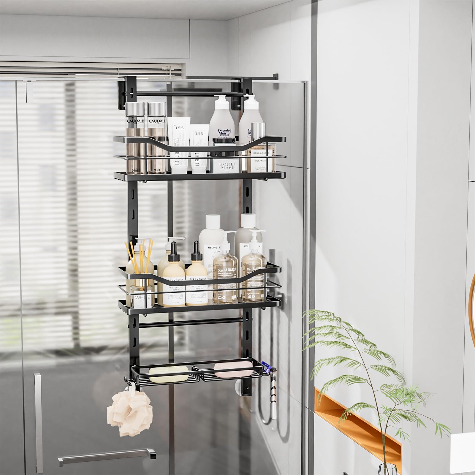 SWTYMIKI Over the Door Shower Caddy, 3 Tier Adjustable Shower Organizer Hanging with Hooks and Soap Holder