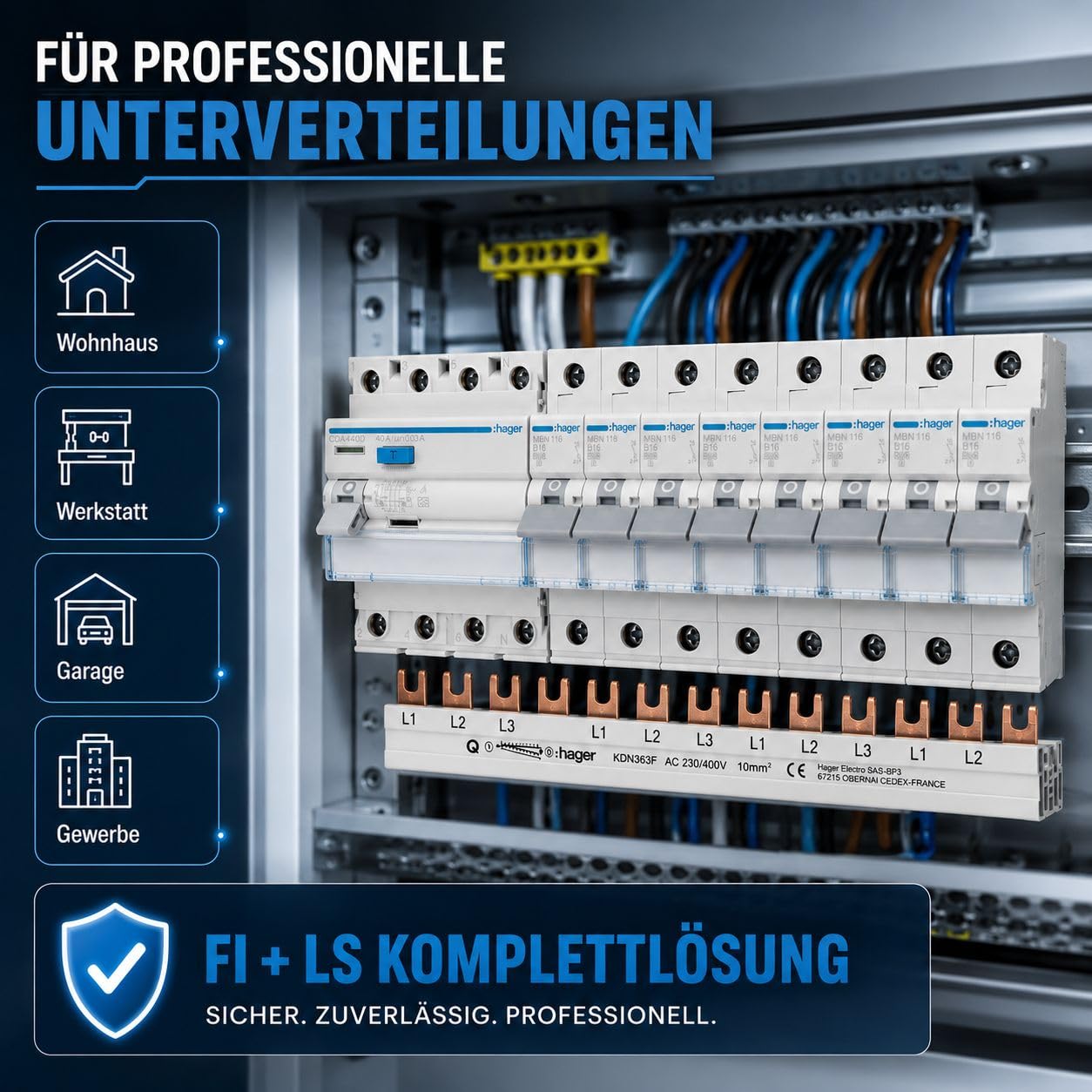 HAGER FI Schutzschalter Set 40A 30mA 4-polig 3P+N mit 8x B16A Sicherungsautomat 6kA, FI LS Paket für Unterverteilung Schaltschrank DIN Hutschiene inkl. Kammschiene und gh24 Phasenprüfer