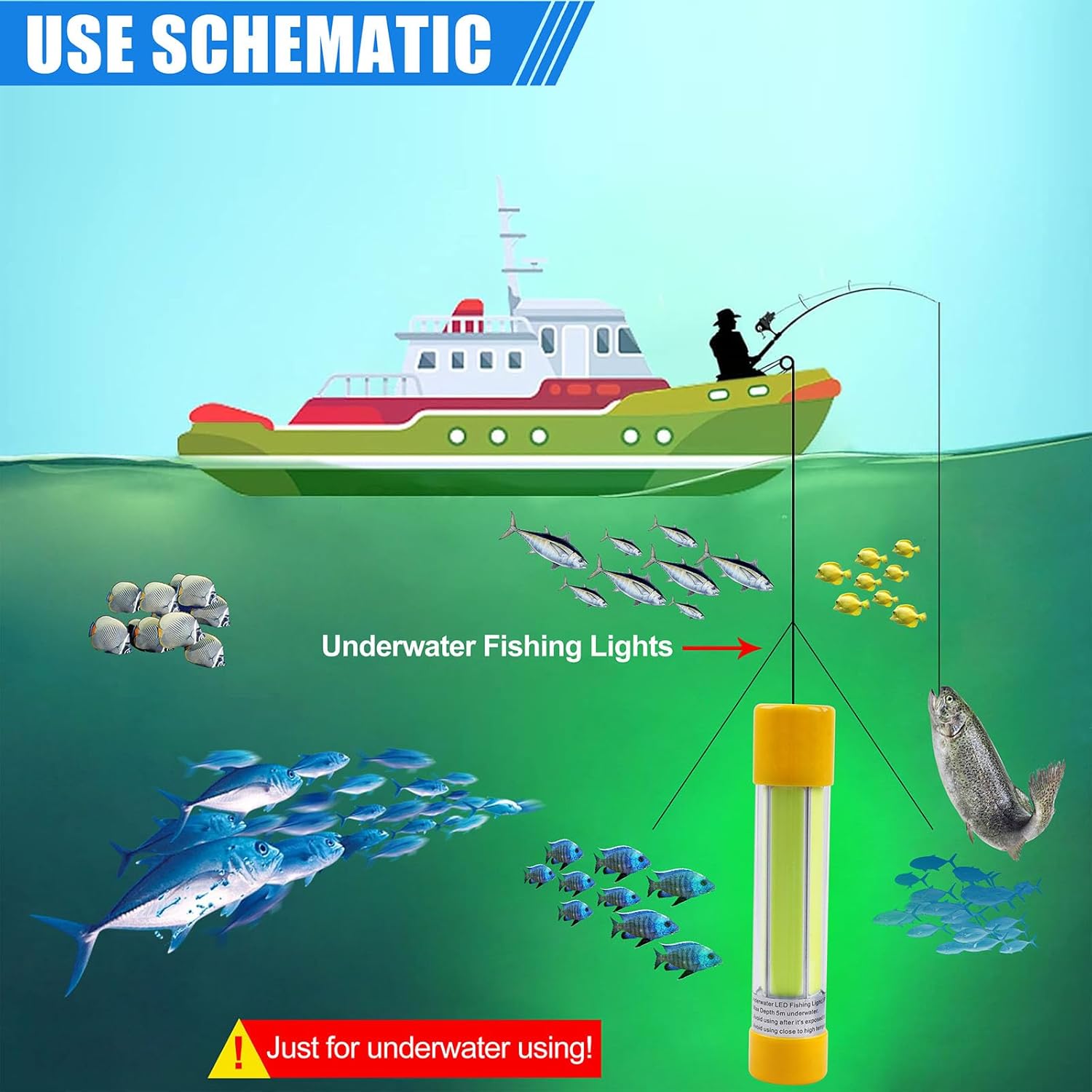 Green Underwater Fishing Light Super Bright 16000 Lumens 20W 12V LED Submersible Night Fishing Light Fish Bait Finder Attractor Docks Boats Lamp for Squid Shrimp Snook Bass Crappie Striper Catfish