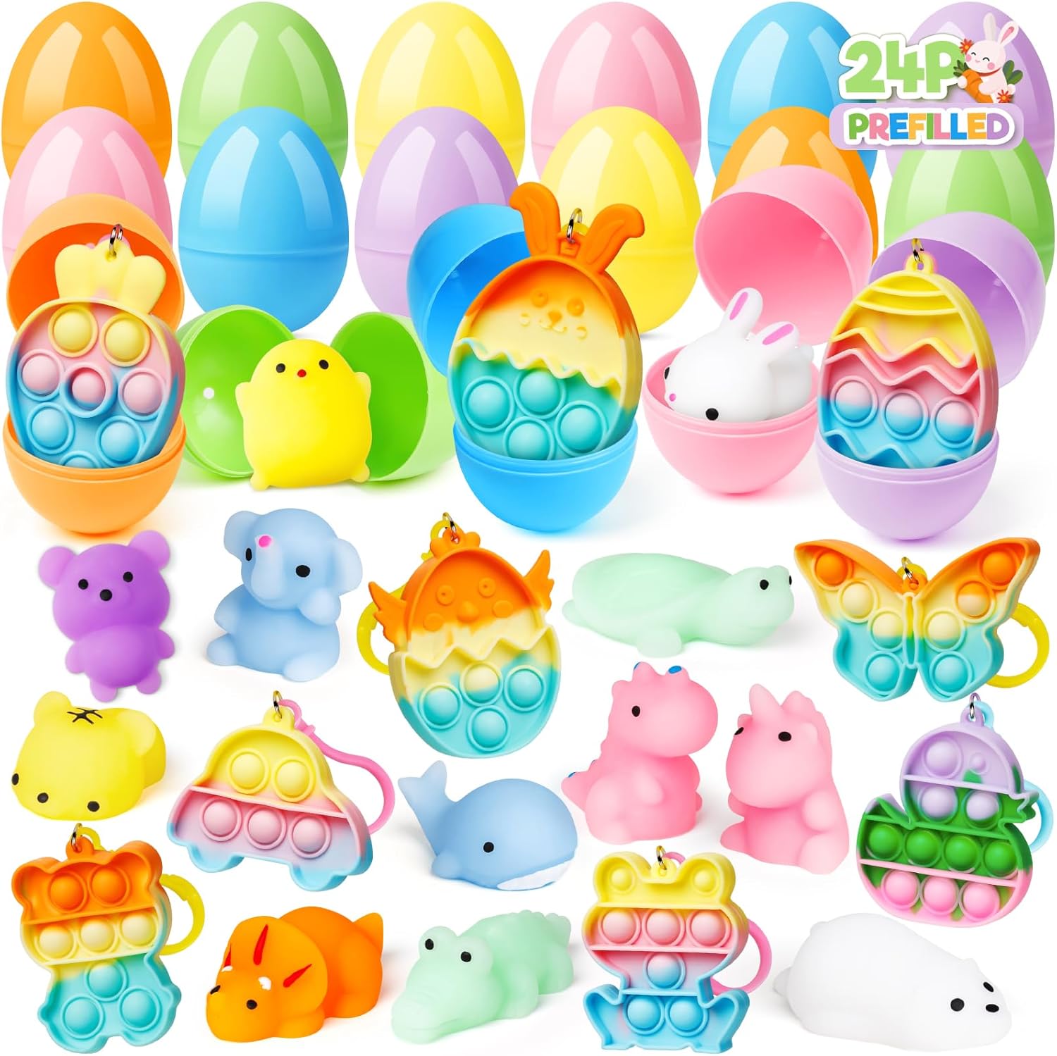 24 Pack Prefilled Easter Eggs with Toys Inside, Filled with Assorted Squishy Toys & Pop Keychains, Surprise Plastic Eggs for Easter Hunt, Kids Basket Stuffers, Easter Party Favors Bulk for Boys Girls