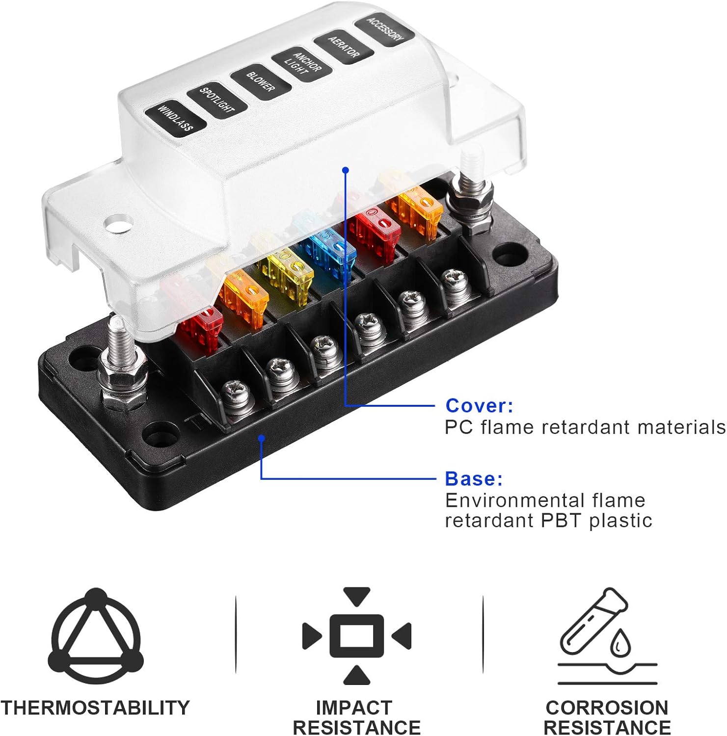 6-Way Automotive Fuse Box Holder 6 Circuit Fuse Holder, 24 Pieces 5A 10A 15A 20A Fuses, 16 Pieces Wire Lugs Rings U Shaped Terminal Connectors, 2 Sets Label Stickers, 4 Pieces Screws for Car Boat : Automotive