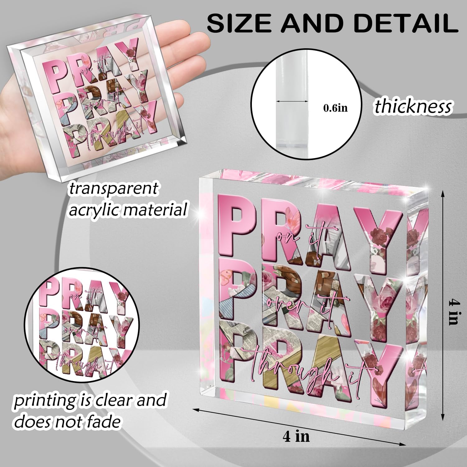 Religious Gifts for Women, Pink Inspirational Decor Pray Over It Bible Verse Art Christian Gifts, 4x 4 Inches Office Desk Accessories Decor Sign image 2