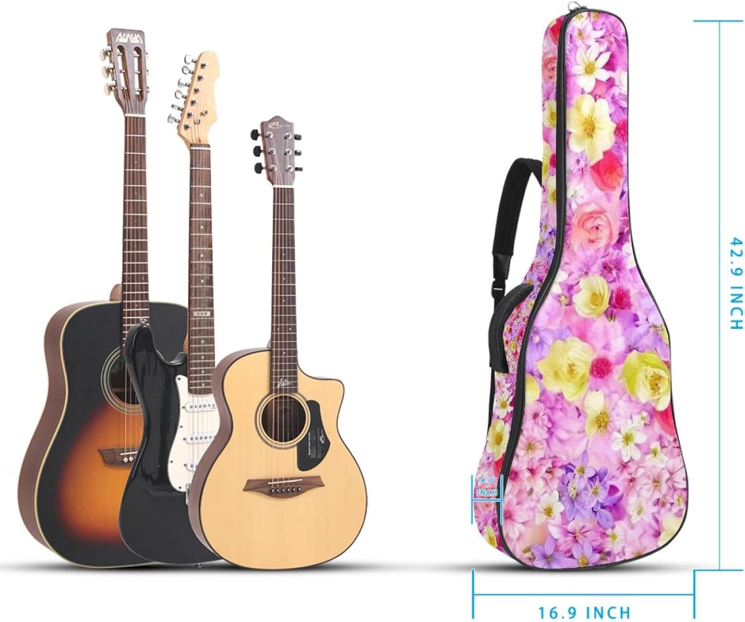 Aesthetic Art Flower Guitar Bag 40 41 42 In 2 Pockets Guitar Case Waterproof Guitar Case Resistent Oxford Cloth 0.4 In Extra Thick Sponge Padded for Acoustic Guitar