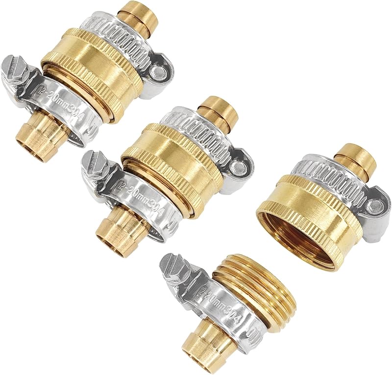3Sets Brass 1/2" Garden Heavy Duty Hose Mender Repair End Replacement Male Female Connector with Stainless Clamp
