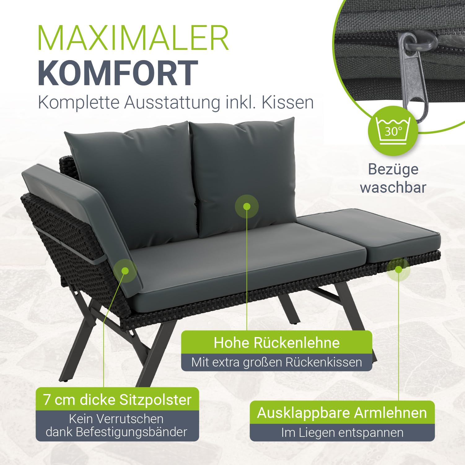 Juskys Gartenbank Calvia bis zu 3 Personen | Sitzen oder liegen im Freien | klappbare Polyrattan Multifunktionsbank & Sonnenliege | Gartensofa Outdoor wetterfest | bis 240 kg für Balkon und Terrasse