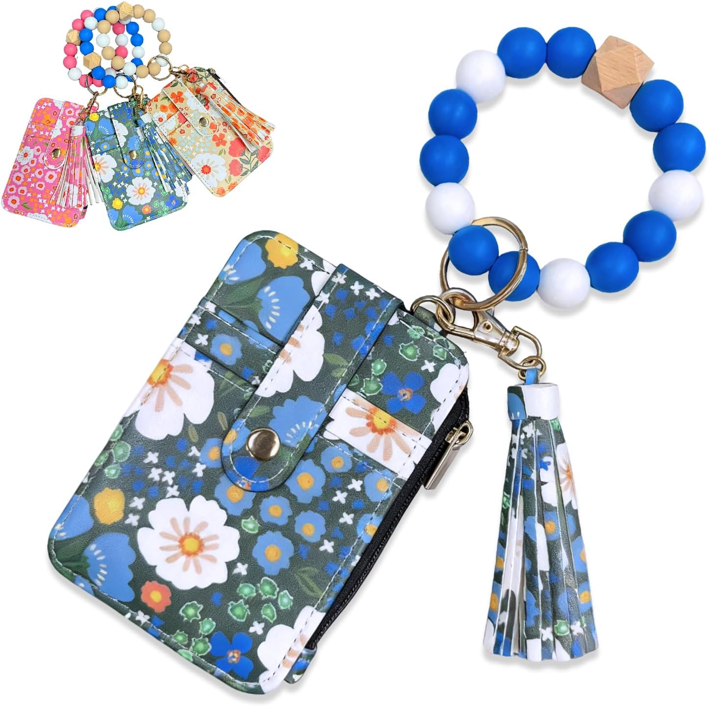 Women's Boho Beaded Wallet with Flower Pattern, Women Boho Style Beaded & Tassel Decorated Keychain, Credit Card Holder Purse (Dark blue)