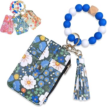 Womens Boho Beaded Wallet with Flower Pattern, Women Boho Style Beaded & Tassel Decorated Keychain, Credit Card Holder Purse Dark blue