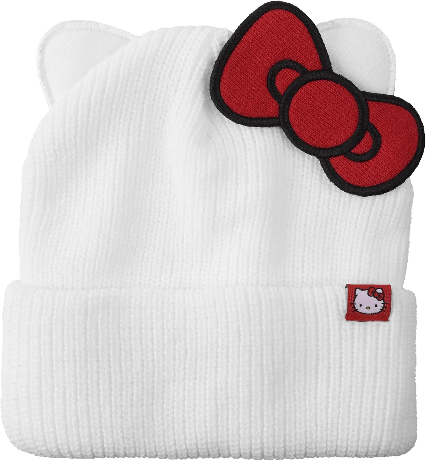 Hello Kitty Novelty Ear White Acrylic Beanie with Cut Fabric Bow with Embroidery and Red Woven Label Cuff Beanie