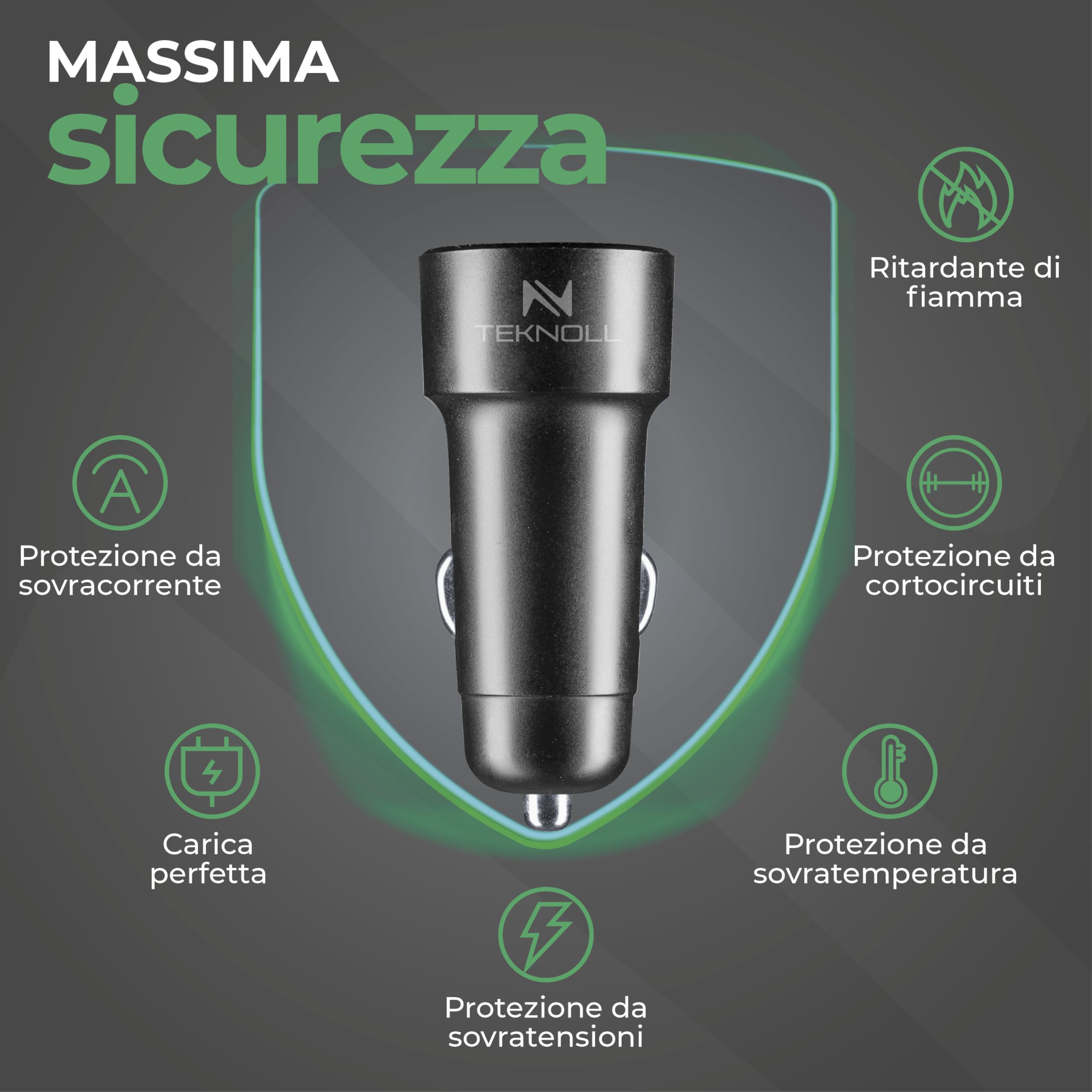 Caricabatterie Rapido 65W - 2 Porte: 1xUSB-C 20W PD + 1xUSB-C 45W PD - Cavo USB-C 1m Incluso - LED Attivo - Ricarica Sicura in Auto - Adatto a Tutti Gli Smartphone, Tablet e Laptop - Nero