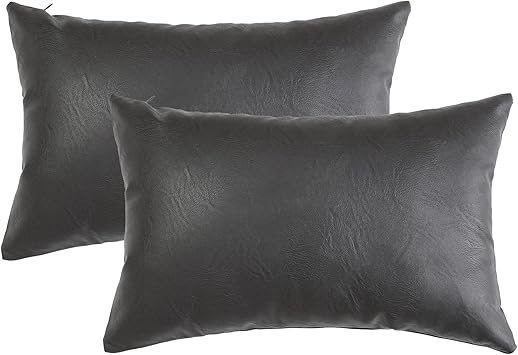 ChrisDowa Set of 2 Faux Leather Throw Pillow Covers, Thick Cognac Modern Solid Decorative for Bedroom Living Room. Cushion Cases for Couch Bed Sofa.Grey,12"x20"