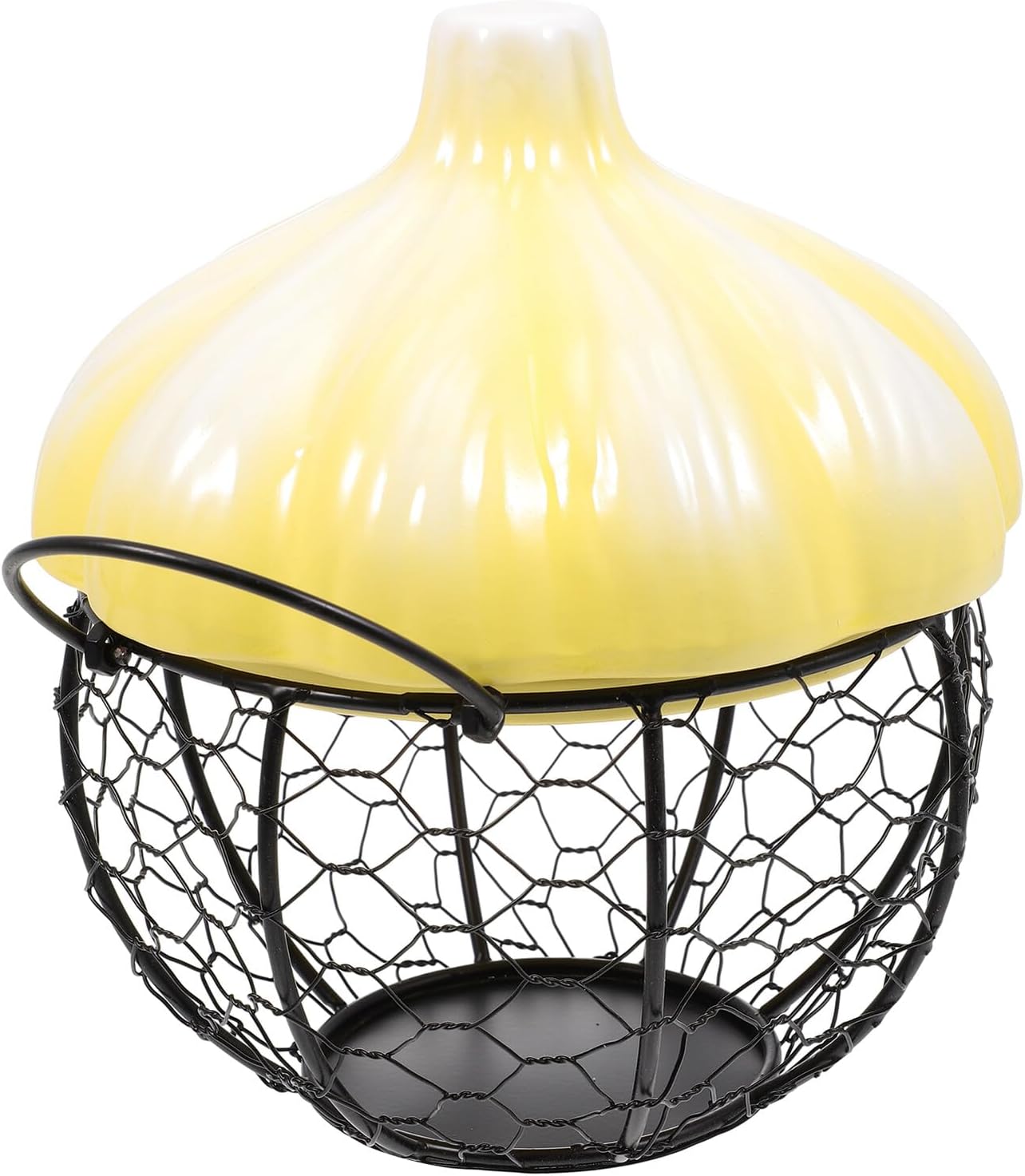 Iron Garlic Basket with Ceramic Lid, Breathable Hollow Egg Holder for Kitchen Storage, Small Yellow Garlic Container with Black Mesh Basket for Countertop Organization